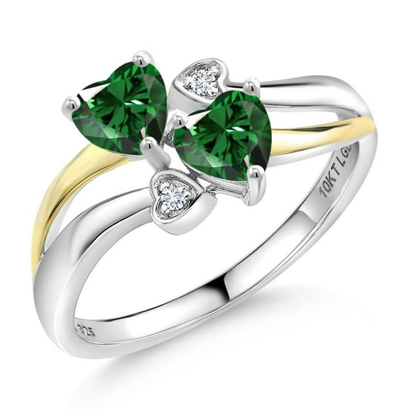 Gem Stone King 925 Silver and 10K Yellow Gold Green Nano Emerald and White Lab Grown Diamond Ring for Women (1.02 Cttw, May Birthstone, Heart Shape 5MM, Size 8)