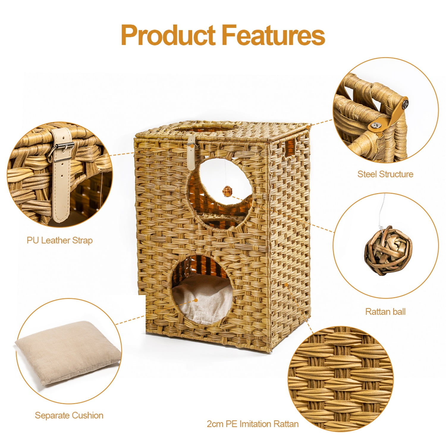 Pefilos 16.9 Inch 2-Tier Square Cat Condo, Wicker Kitten House Rattan Cat Bed with Rattan Ball and Cushion, Yellow Pefilos 16.9 Inch 2-Tier Square Cat Condo, Wicker Kitten House Rattan Cat Bed with Rattan Ball and Cushion, Yellow