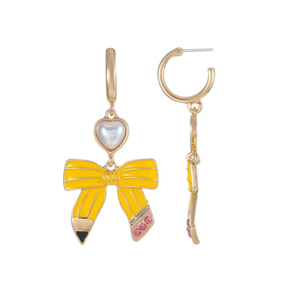 Packed Party Women's Pencil Bow Earrings with Pearl Heart for Back to School