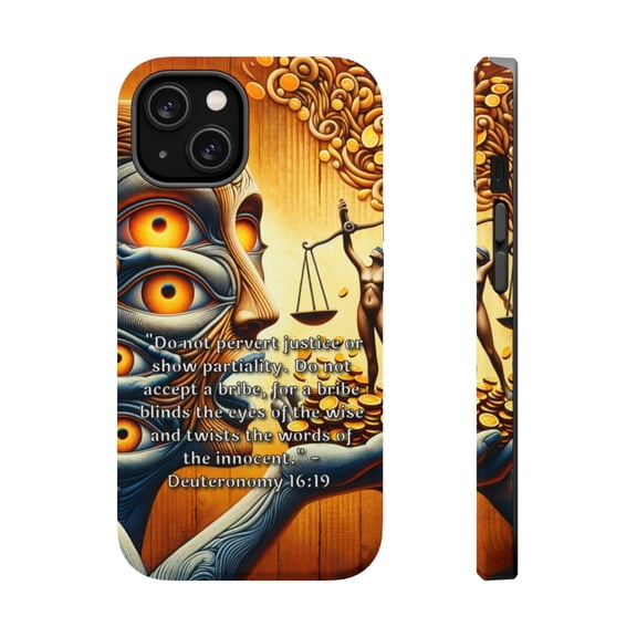 DistinctInk Tough Case for Apple iPhone 14 (6.1" Screen), Compatible with MagSafe Charging - "Do Not Pervert Justice: Deuteronomy 16:19"
