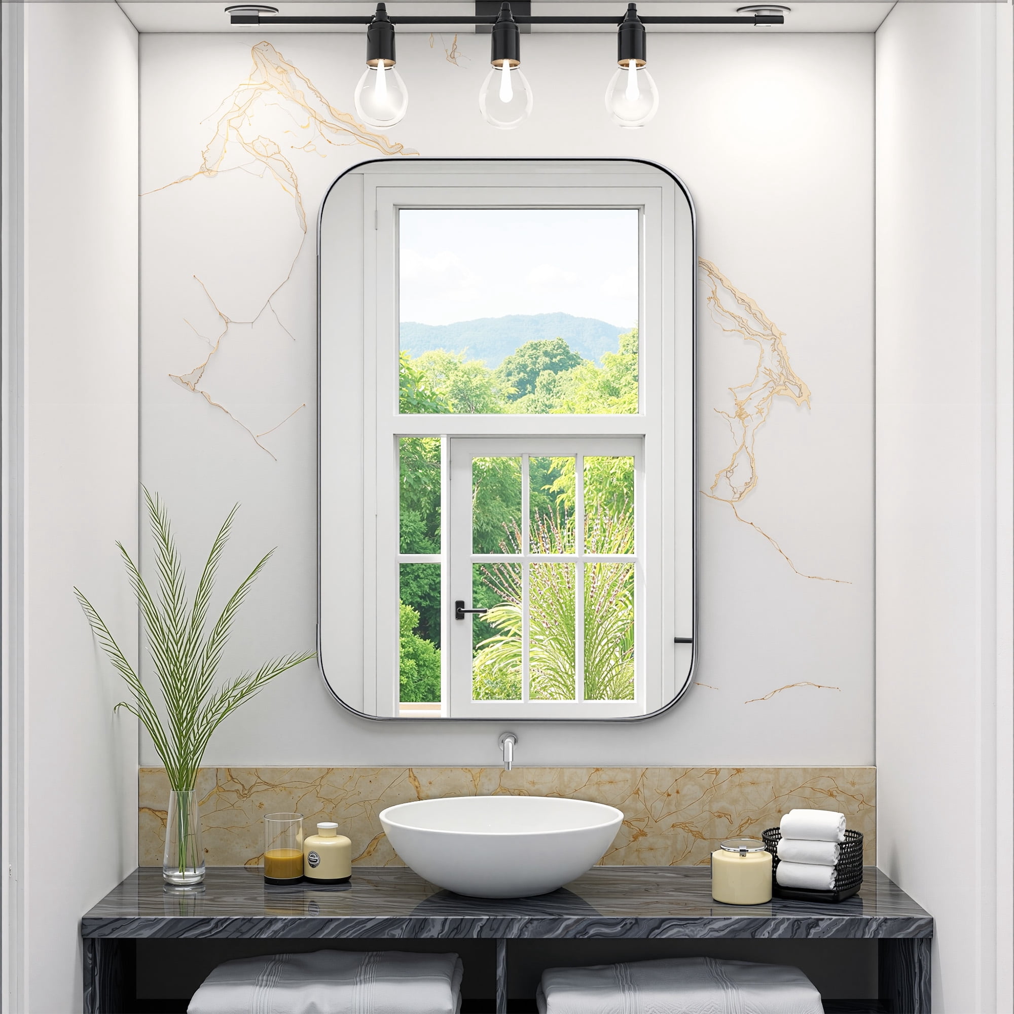 MAYEERTY 38"x24" Black Octagon Bathroom Asymmetrical Vanity Mirror for Wall