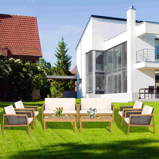 Ensemble de meubles de patio en rotin 8 pièces Costway, canapé rembourré en bois d'acacia, blanc