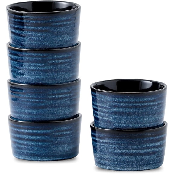 Ceramic 4 oz Ramekins,Small Souffle Dishes Set of 6, Mini Baking Bowls for Kitchen, Porcelain Dipping Sauce Cups for Creme Brulee, Pudding, Ice Cream, Lava Cakes, Microwave & Oven Safe, Blue