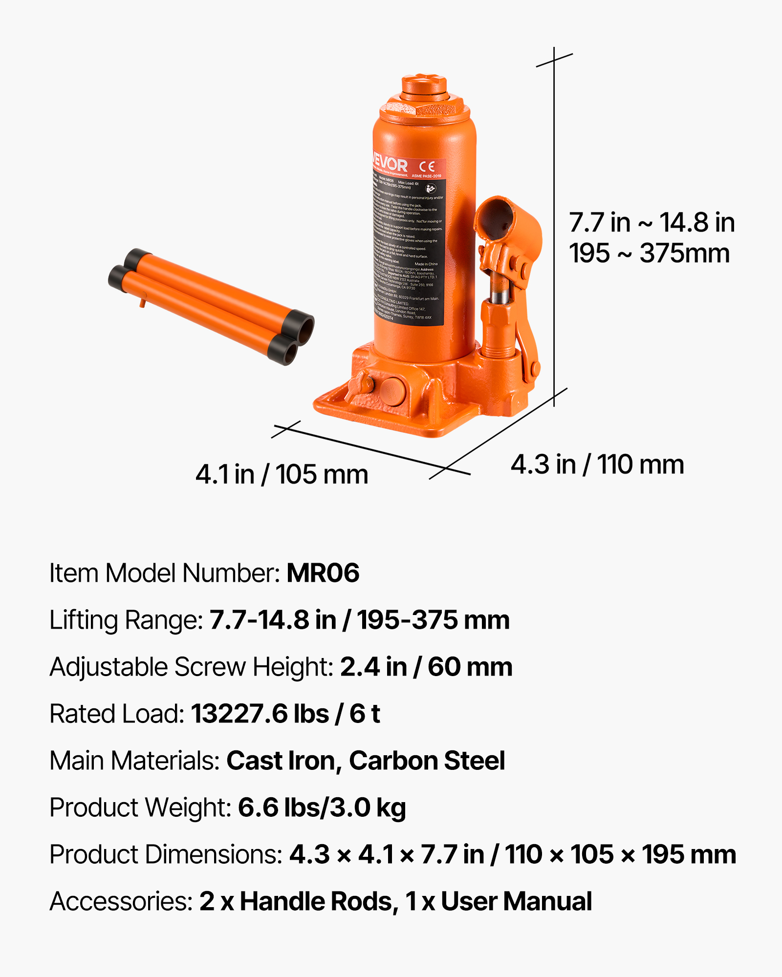 VEVOR Hydraulic Bottle Jack, 6 Ton (13227.6 lbs) Capacity, 7.7-14.8 Inch Lifting Range, Heavy Duty Welded Bottle Jack
