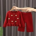 thumbnail image 3 of Odeerbi Kids Girls Fall Winter Outfits Ruffle Ribbed Sweater Knitted Pants Set 1-8 Years Kids Bear Button Sweater Pants Two Piece Set Long Sleeve Knitted Top Set Kids Clothes Red, 3 of 4
