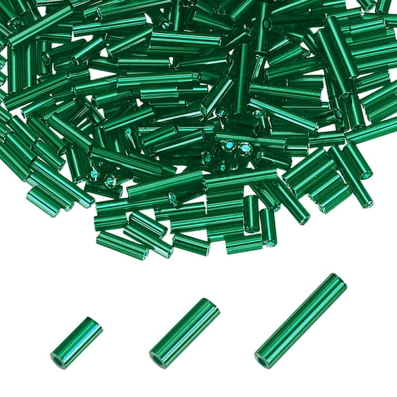 Uxcell 2000pcs Glass Bugle Beads 4/6/9mm Long Tube Cylinder Beads for Embroidery Sewing on Fabric Felt Ornaments Jewelry Plants Making, Metallic Green
