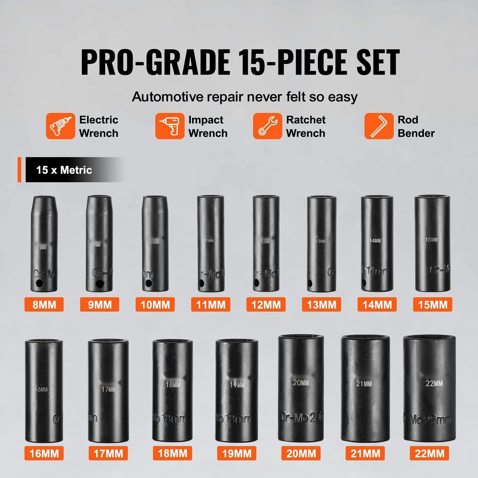 Impact Socket Set 15pcs 3/8in Drive - 6-Point Metric Sockets - Impact Rated Cr-Mo Steel - Automotive Repair Tool Kit with Portable Case