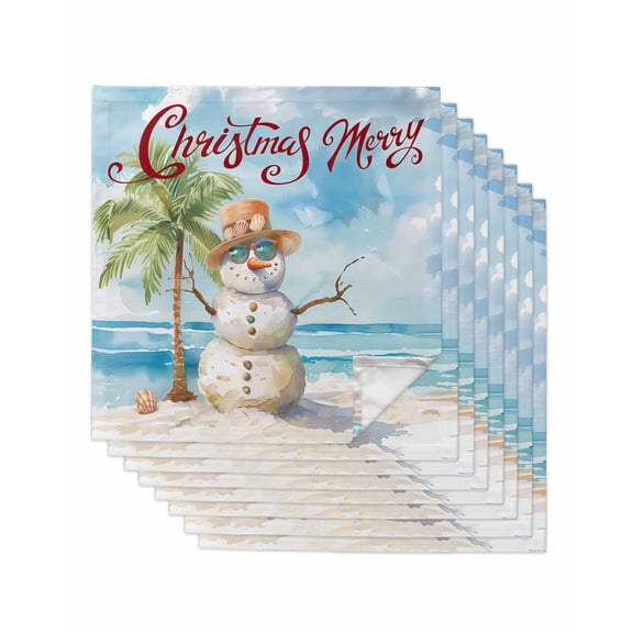Coastal Christmas Cloth Napkins Set of 8, Blue Beach Snowman Xmas Washable Reusable Dinner Cocktail Napkin for Kitchen Party Wedding Banquet Holiday Baby Shower Table Decor