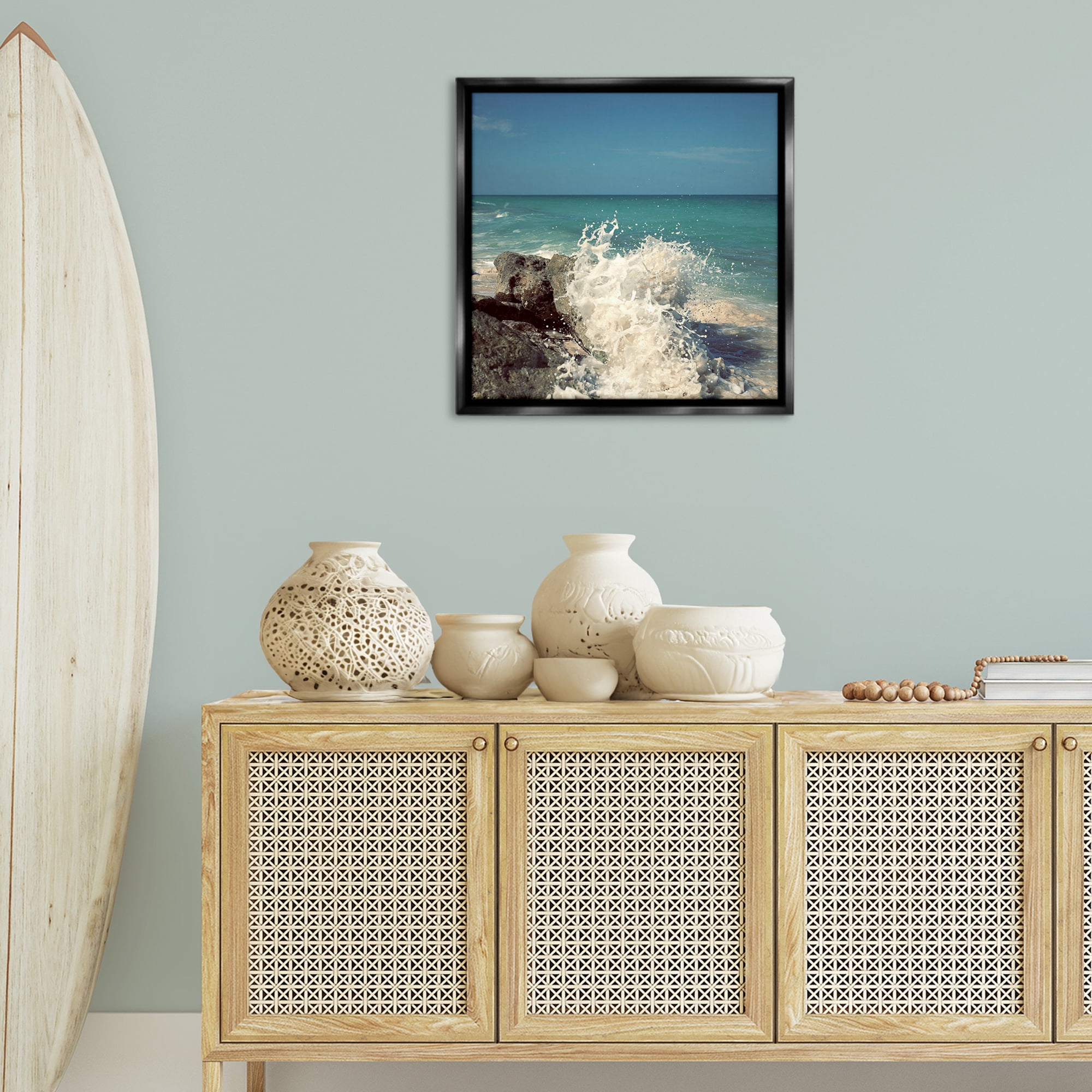 Stupell Industries Splashing Beach Spray Coastal Photography Black Floater Framed Canvas Art Print Wall Art, 25 x 25