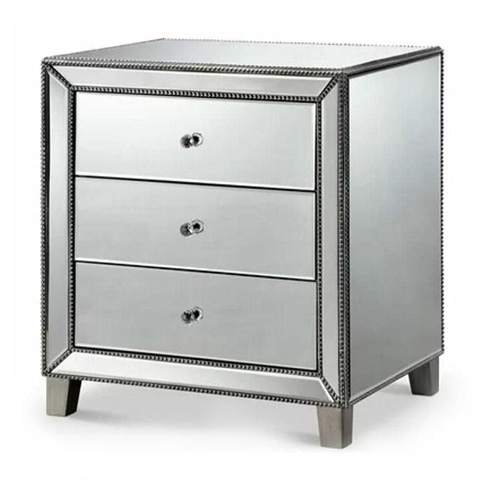 Table de chevet miroir Tuke, table de chevet miroir, table de chevet de chambre à coucher, table de chevet en MDF, table de chevet miroir, table de chevet argentée, table de chevet à trois tiroirs ave