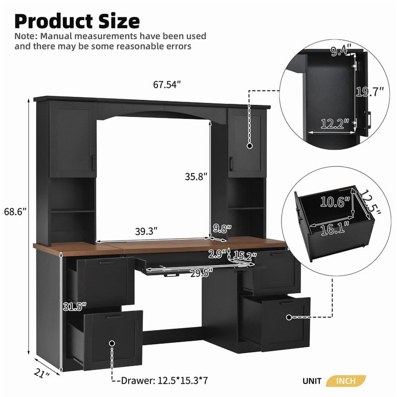 Howcool 68.6"H Farmhouse Arched Computer Desk with Hutch, Workstation with Built-In Charging Station, Keyboard Tray, All-in-One Writing Desk with File Drawer for Home Office