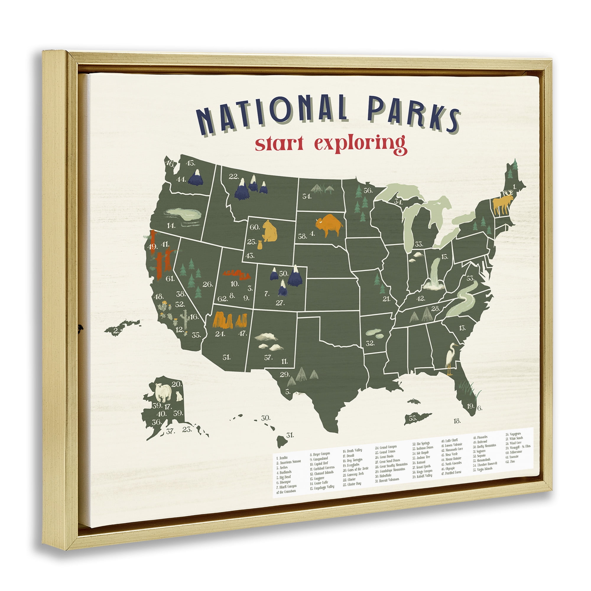 Stupell Industries National Parks Map Diagram Town & City Painting Gold Floater Framed Canvas Art Print Wall Art, 31 x 25