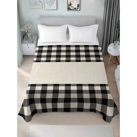 Queen Size Flat Sheet Only,Black White Buffalo Plaid Soft Top Bed Sheets Breathable Bedding Sheet Retro Linen Checkered Microfiber Hotel Luxury Top Sheets