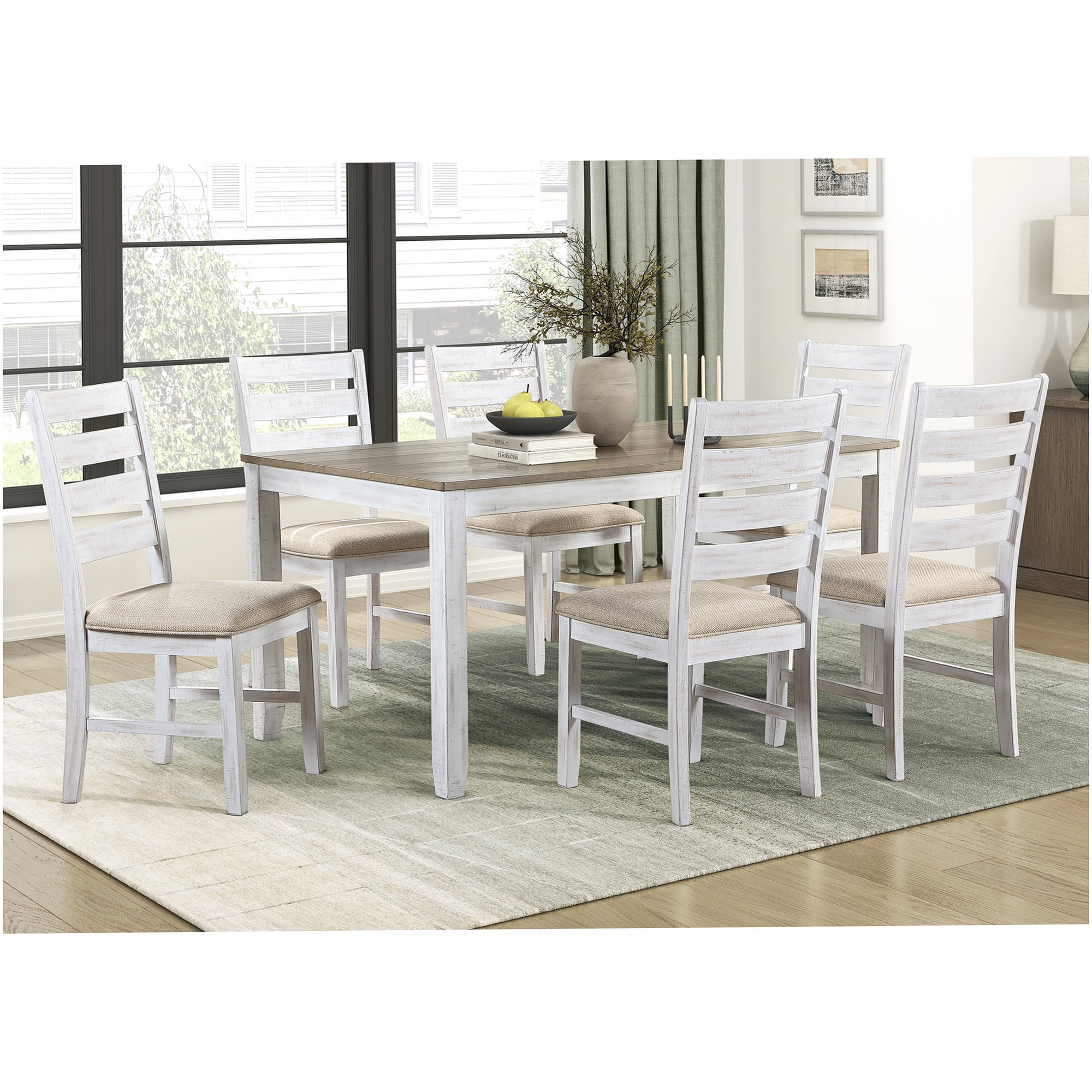 7 Piece Dining Table Set Wooden Rectangular Dining Furniture with 6 Beige Upholstered Side Chairs
