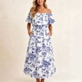 thumbnail image 2 of VBVC Women's Off The Shoulder Floral Maxi Dress , Summer Side Slit Dresses For Women , Ladies' Ruffle Boho Long Dress with Pockets,Purple,S-2XL, 2 of 7