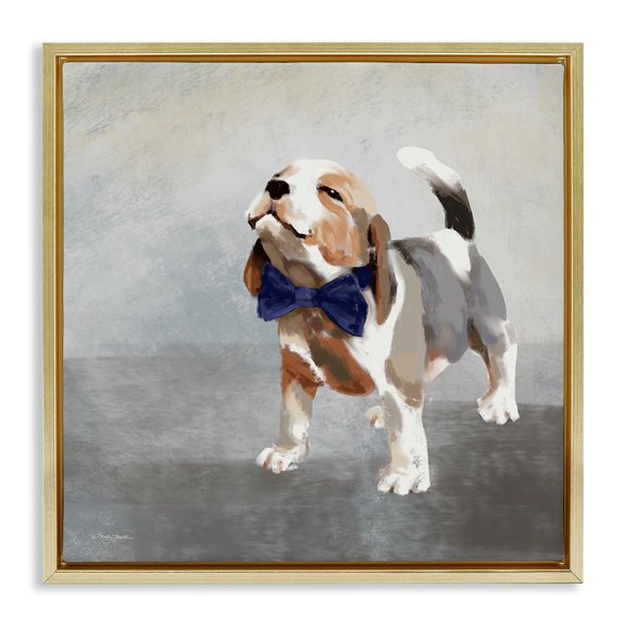 Stupell Industries Traditional Happy Beagle in Bowtie Gold Floating Frame Canvas Art, 25 x 25, by Molly Mattin