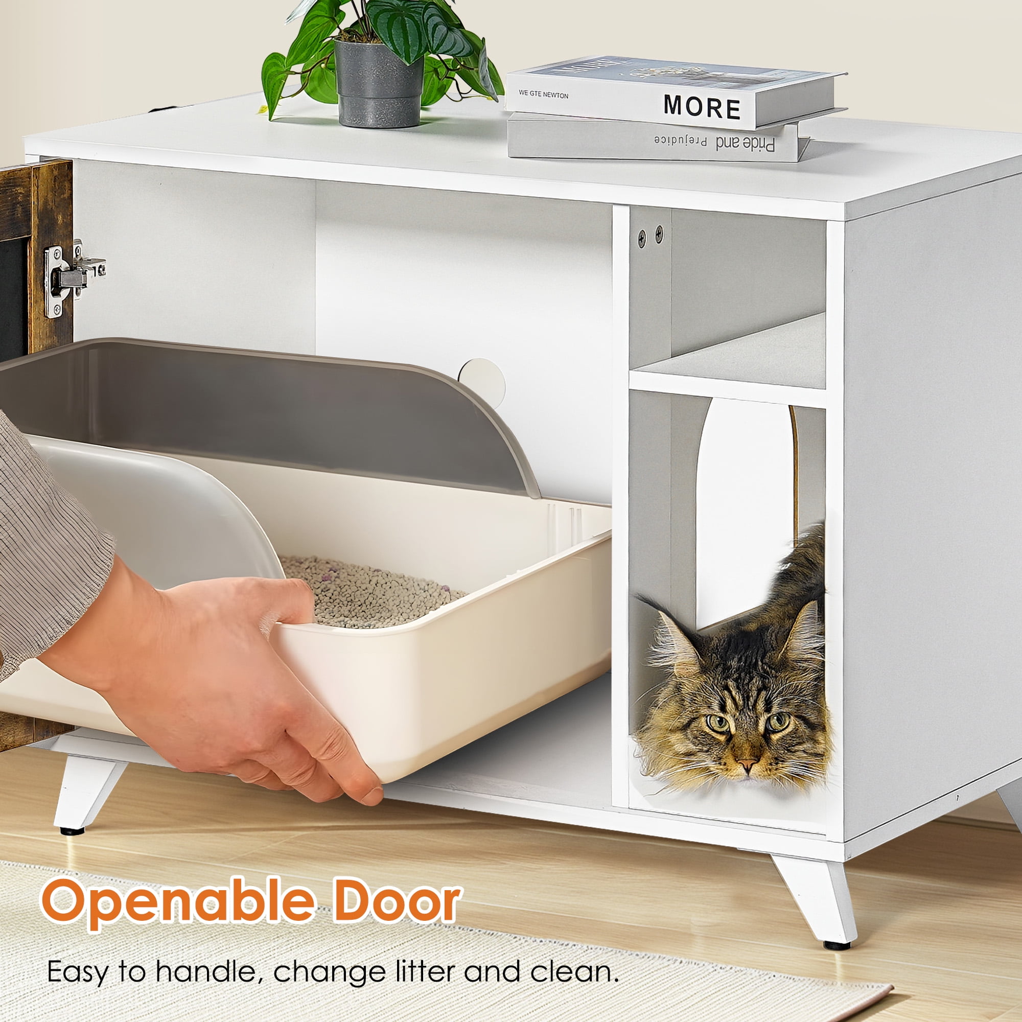 Kadyn 30" Wooden Cat Litter Box Enclosure for Living Room, Hidden Litter Box Furniture Cat House, White