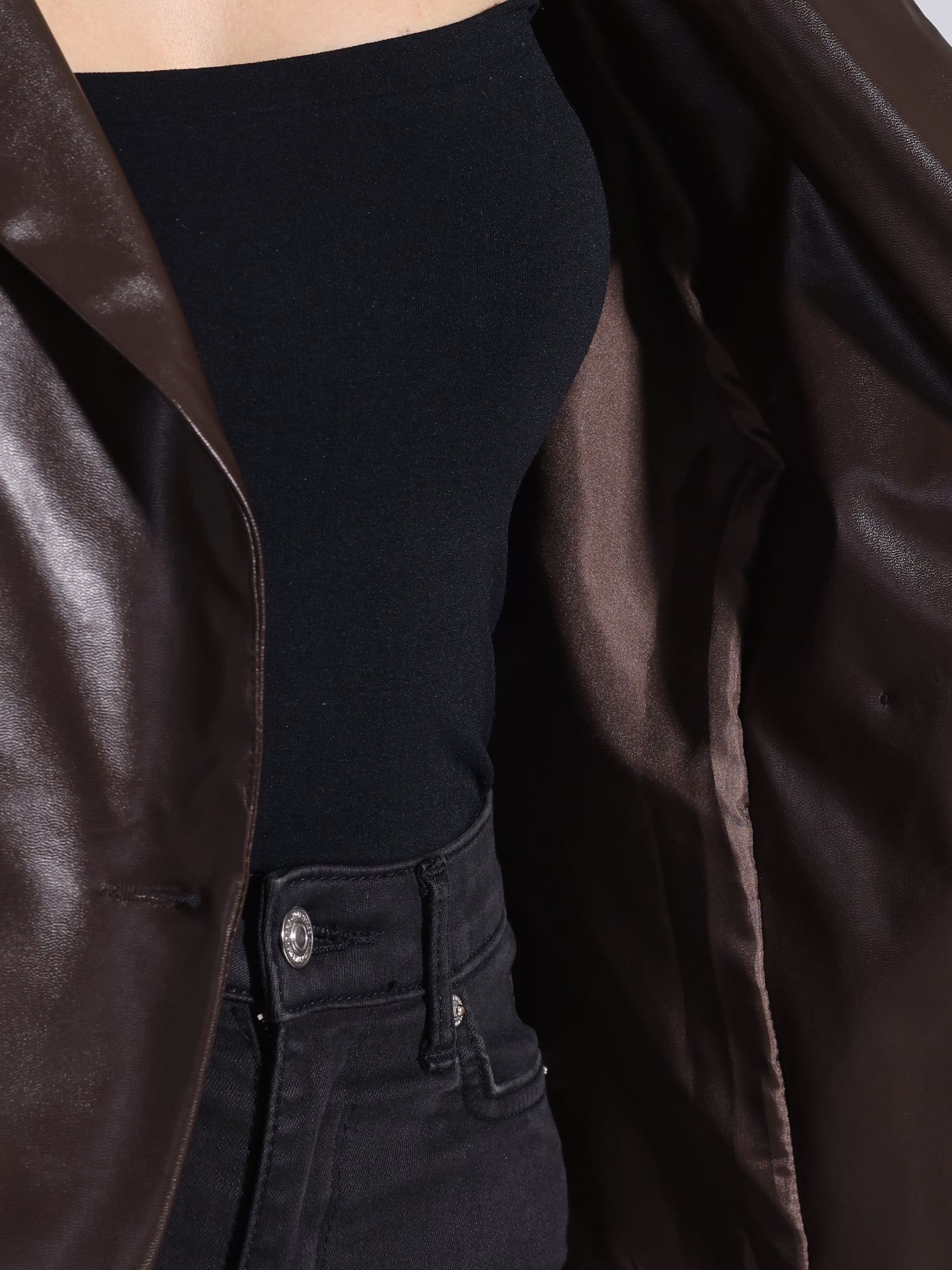 INSPIRE CHIC Women's Notched Lapel Faux Leather Blazer Double Breasted PU Work Formal Jackets