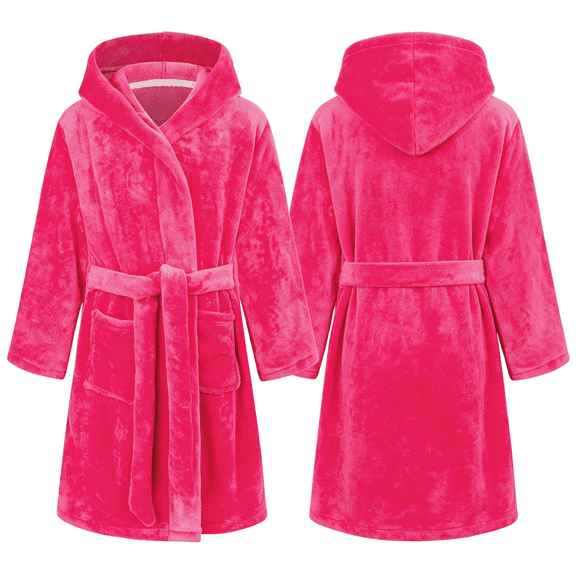 LYMAYTER Flannel Hooded Bathrobe for 2-12Y Toddler Girls Soft Warm Kimono Robe Solid Color Plush Nightgowns With Belt