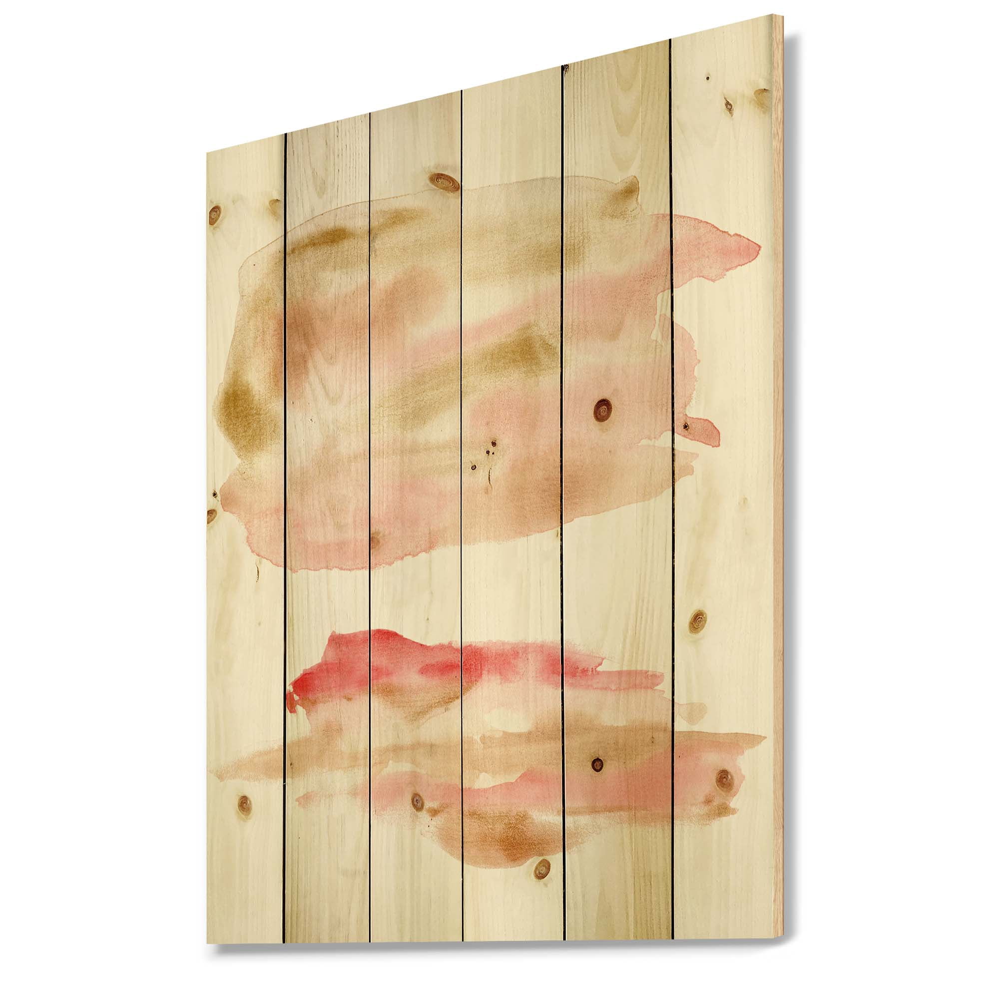 Designart 'Abstract Clouds Set With Pink Gold Beige and Red' Modern Print on Natural Pine Wood