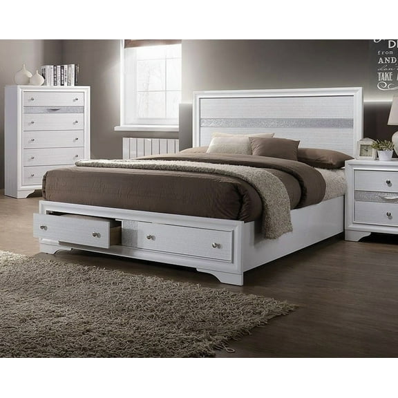 Beautiful Bedroom Furniture: Queen Size Bed featuring White Panel Headboard and Drawers