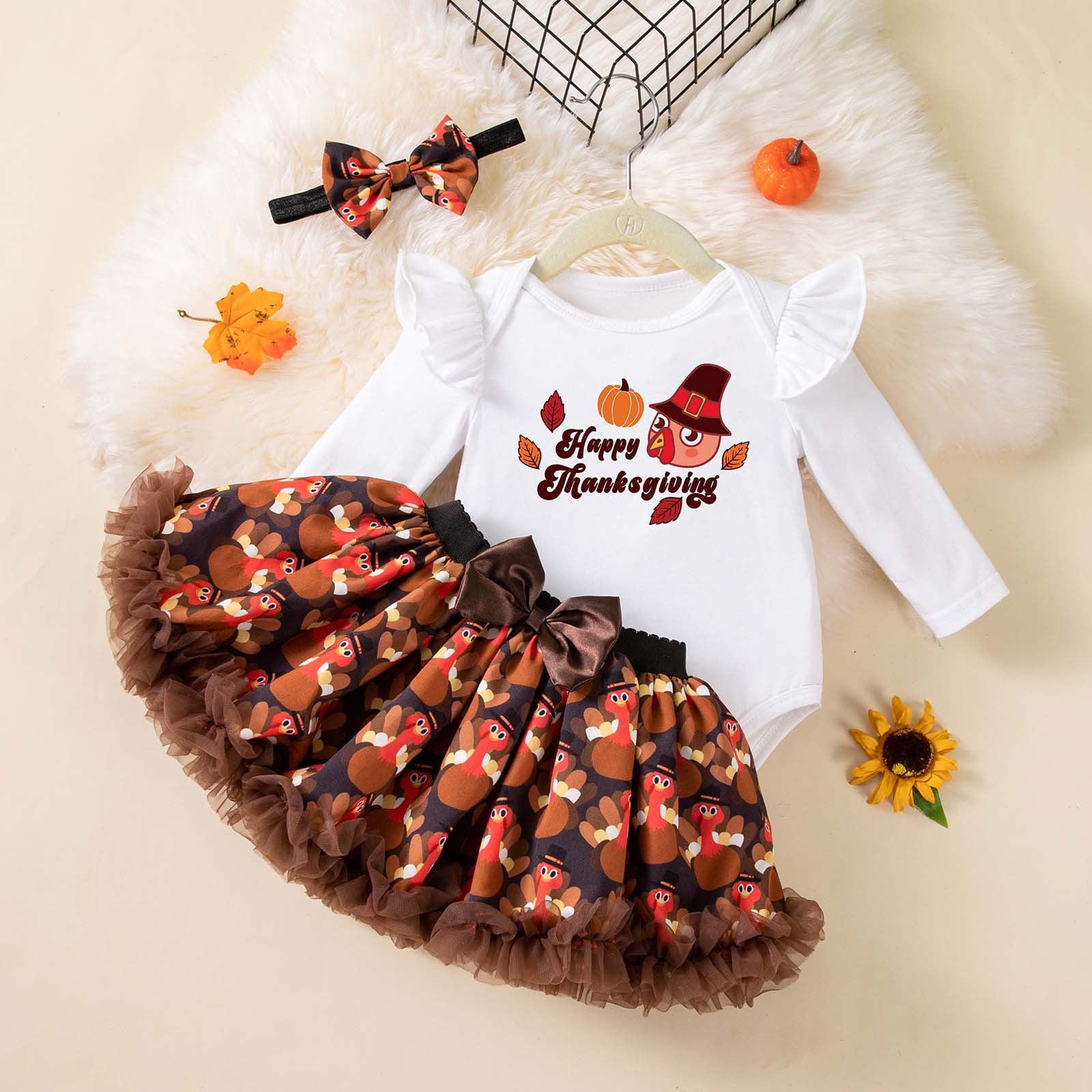Gaexia Girls Fall Outfits Size 10-12 ,Thanksgiving Baby Girl Outfit 3 Piece Set Cute Turkey Print Long Sleeve Dress Headband Toddler Holiday Party Clothes for 1-18 Months