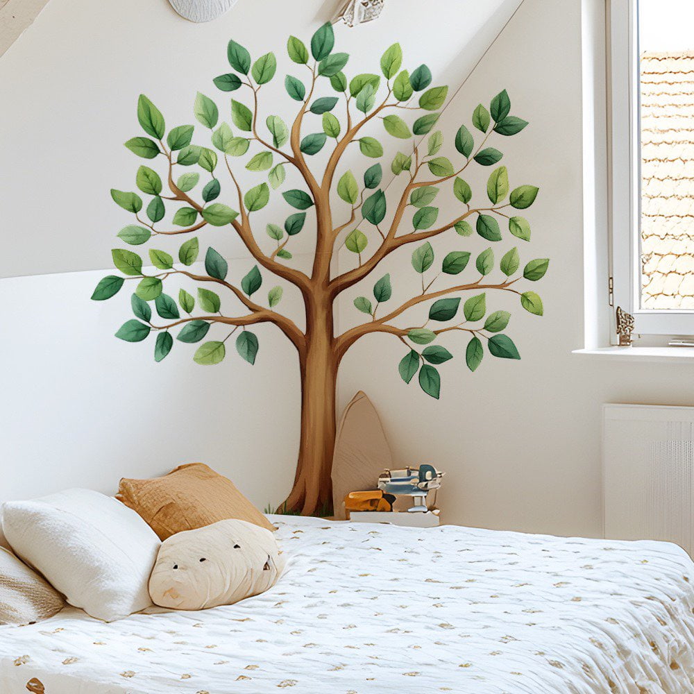 Large Green Tree Wall Decal for Bedroom Living Room, Removable Nature Tree Wall Sticker, 105cm Tall Botanical Decor for Nursery Kids Room Home