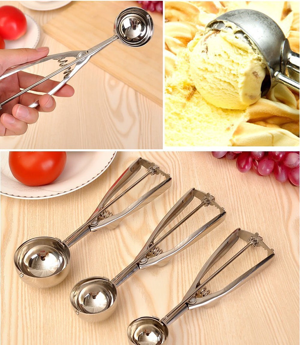 Techtongda Ice Cream Scoop Spoon Spring Handle Masher Cookie Scoop Stainless Steel Mash Potato Spoon Kitchen Fruit DIY 3 size, Silver