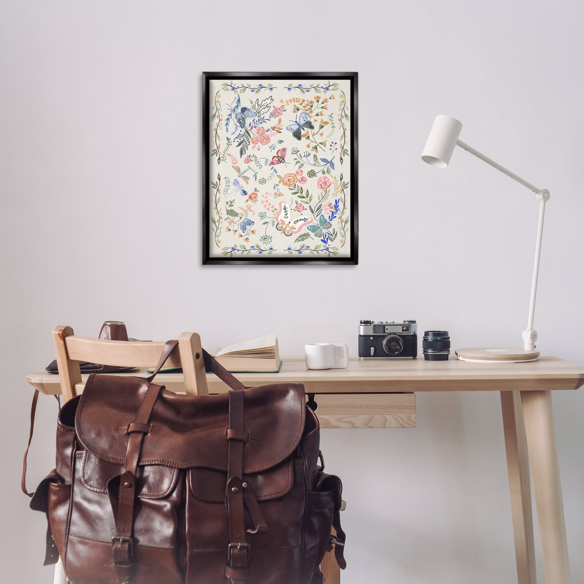 Stupell Industries Flowers & Garden Friends Animals Painting Black Floater Framed Canvas Art Print Wall Art, 25 x 31