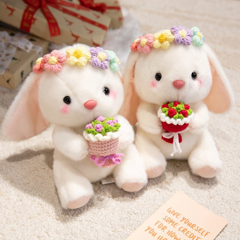 2pcs 9.84 in Bunny Stuffed Animal Plush Toy, Soft Bunny with Flower Crown & Bouquet, Easter Basket Stuffers for Kids, Easter Decorations for Home