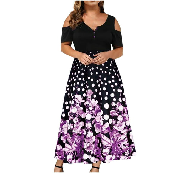 RXIRUCGD Sexy Dress Robes for Femmes Plus Size Women Sexy O-Neck Strapless Draw Back Lace Splicing Short Sleeve Plus Size Dress for Femmes Violet Dress