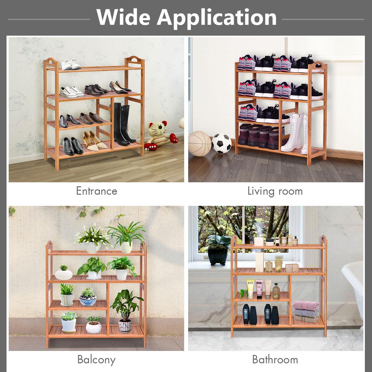 4-Tier Bamboo Shoe Rack with Boots Storage, Freestanding Wooden Display Shelf with Handle, Multifunctional Storage Organizer for Bathroom Entryway, Hallway, Living Room Plant Stand