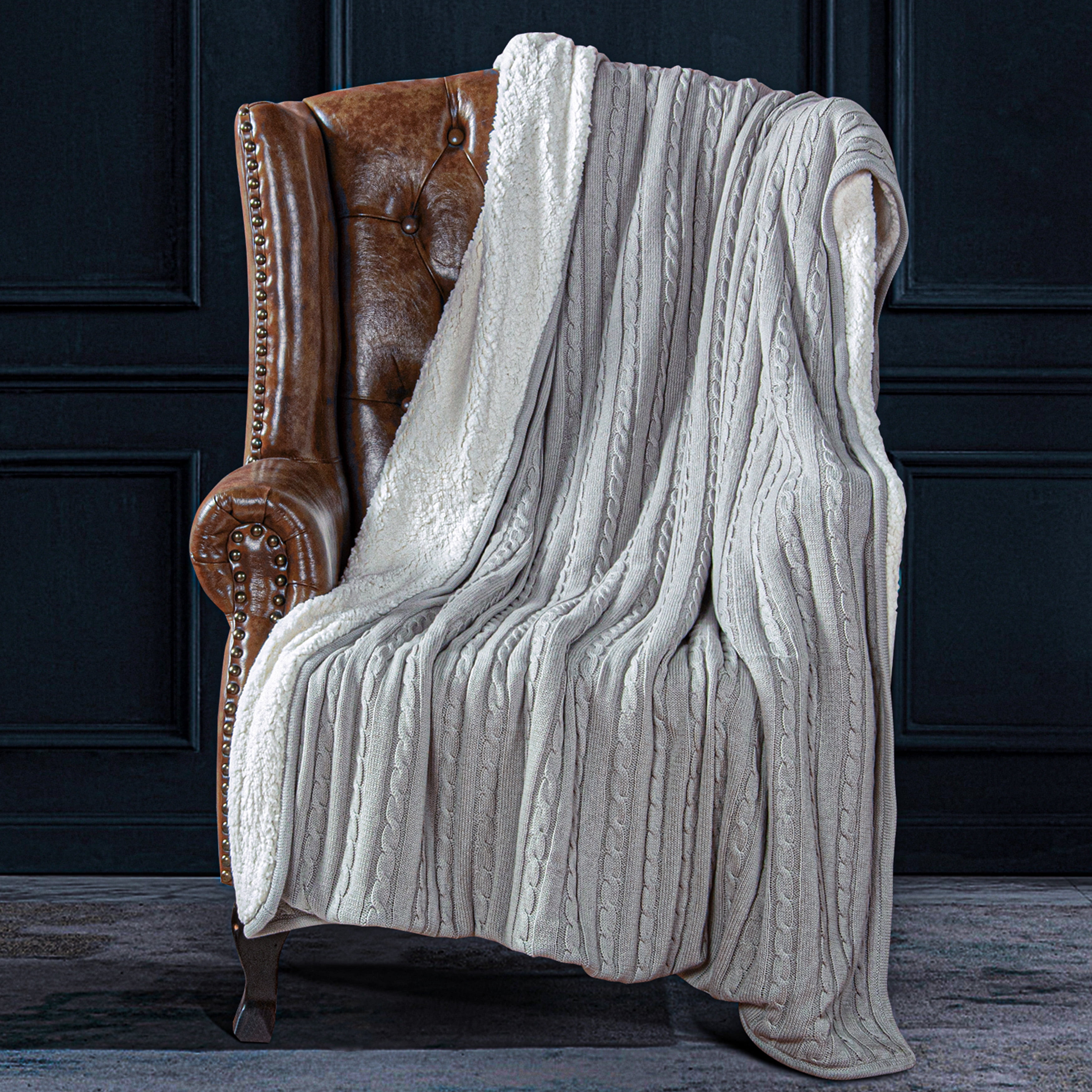 Ntbay Cotton Cable Knit Sherpa Throw Blanket for Couch Soft Warm Fleece Knitted Throw for Bed Sofa Chair Extra Cozy Machine Washable Comfortable Home Decor 51 x67