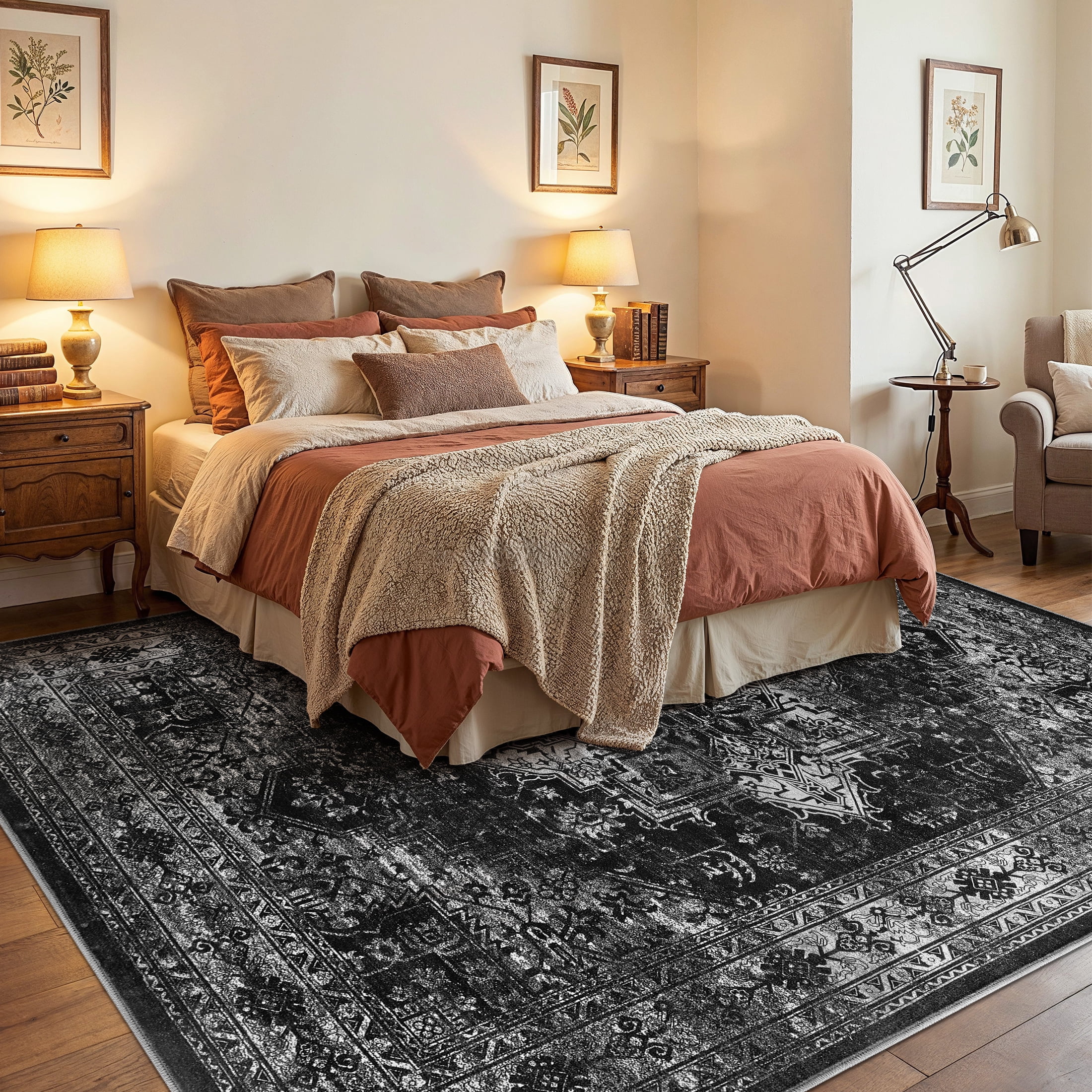 UERMEI 9x12 Washable Area Rugs for Living Room, Modern Vintage Printed Rug, Vacuum-Friendly, Non Slip Indoor Rug for Bedroom Dining Room Home Decor Carpet, Black