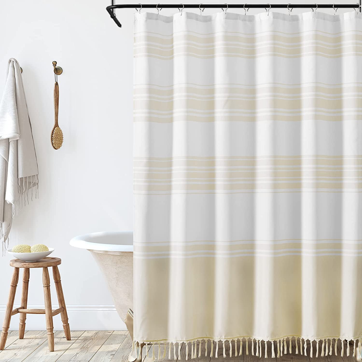 Taupe and White Shower Curtain with Tassels Fabric Boho Shower Curtain