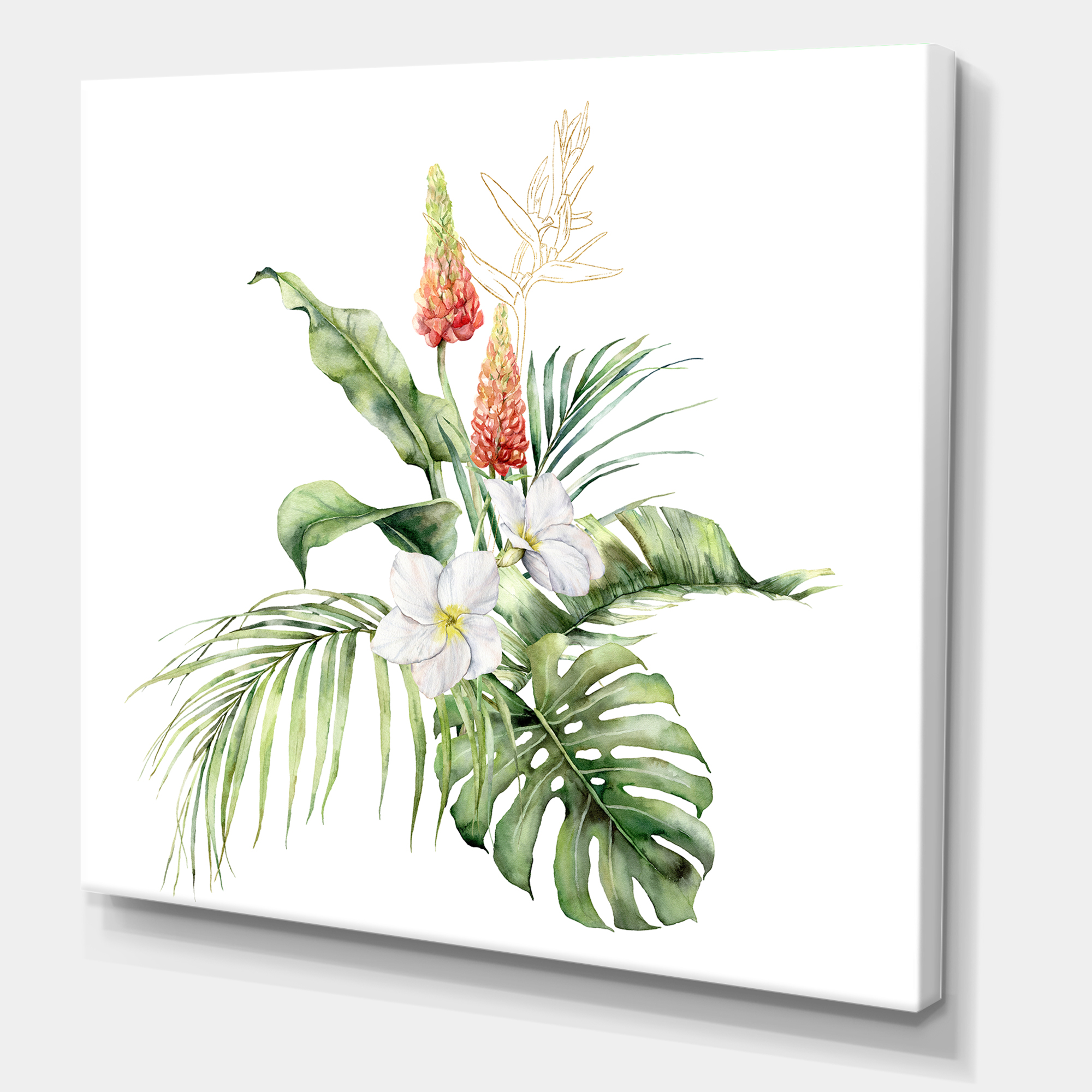 Designart ' Tropical Bouquet With Plumeria Lupine Palm Leaves ' Traditional Canvas Wall Art Print