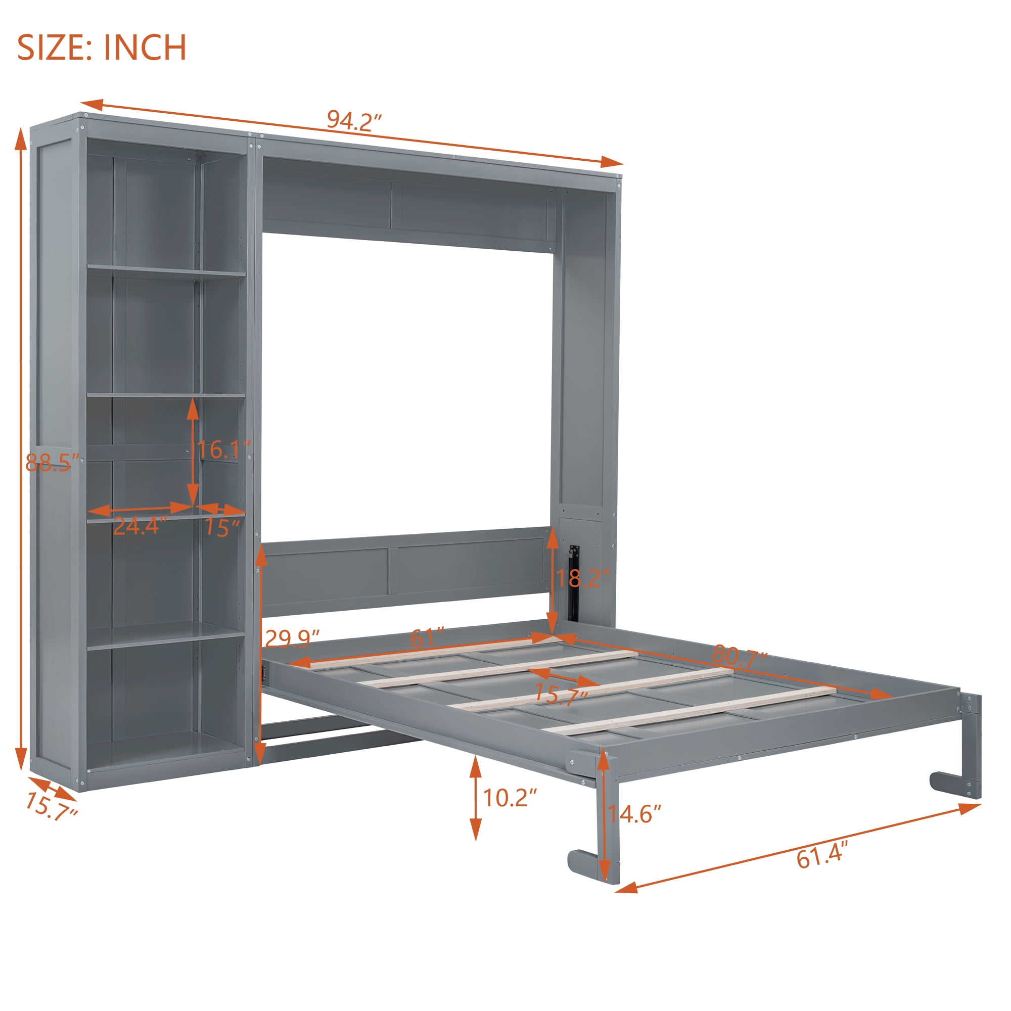 Aukfa Queen Murphy Bed, Wood Cabinet Bed Frame with Adujstable Shelves, Foldable Platform Wall Bed Frame for Guest-Room, Home, Office, Gray