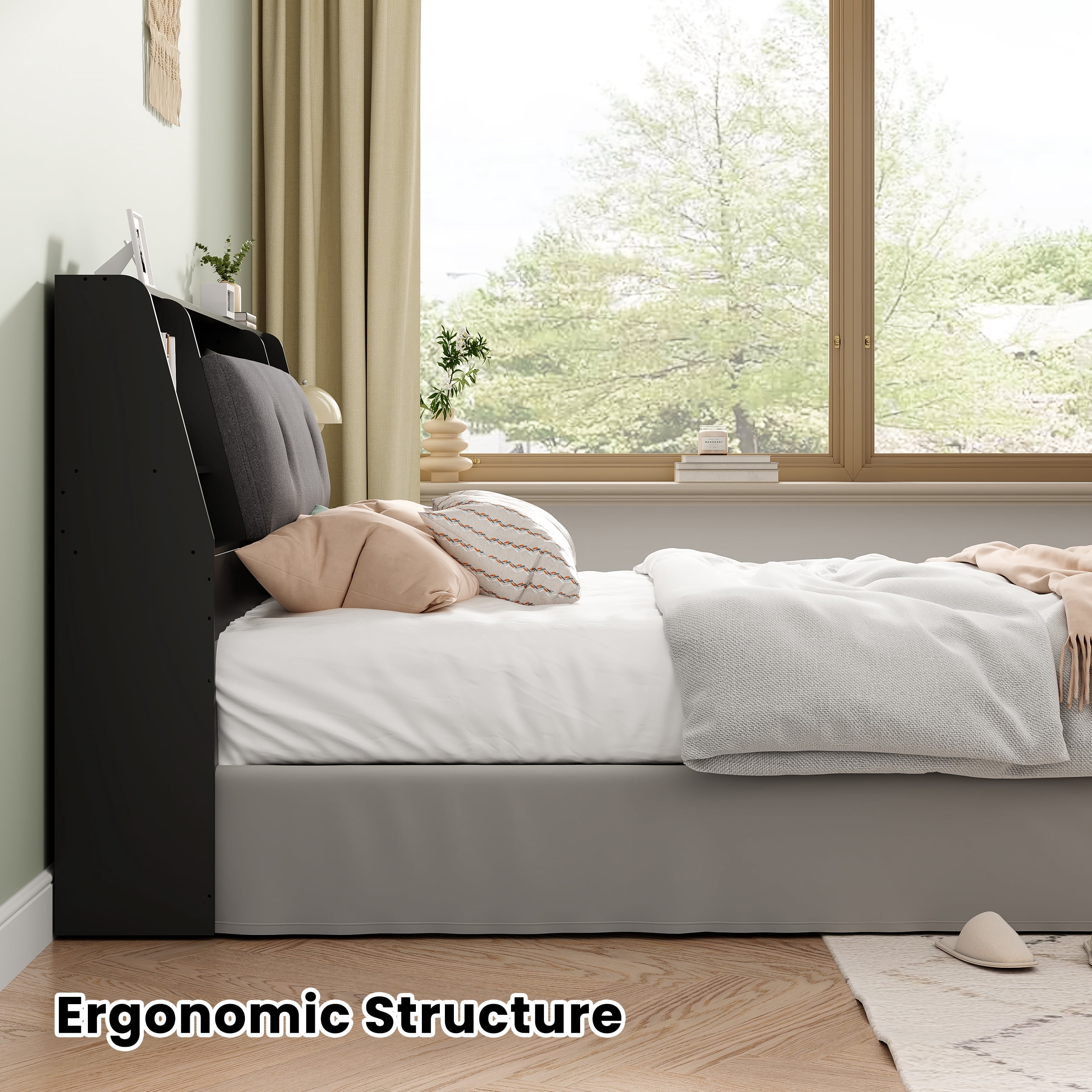 Someet 2 in 1 Queen Size Removable Upholstered Bookcase Headboard with 2 USB & 2 Type-C Port & Power Outlets & LED Light, Black