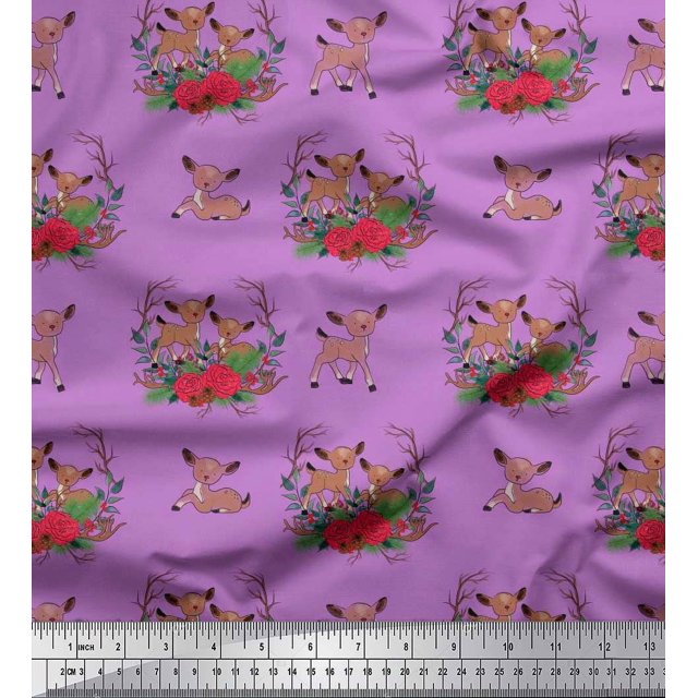 Soimoi Tissu Crêpe en polyester Violet Tissu Imprimé Animal Cerf 1 Yard 42 Pouces de Large