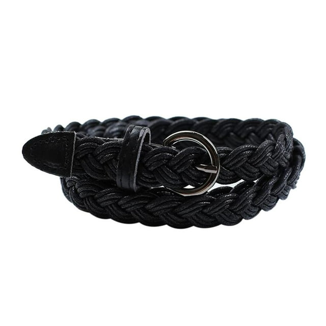 Braided Belt Pu Leather Dress Woven Rope Strap with Pin Buckle Waistband Black