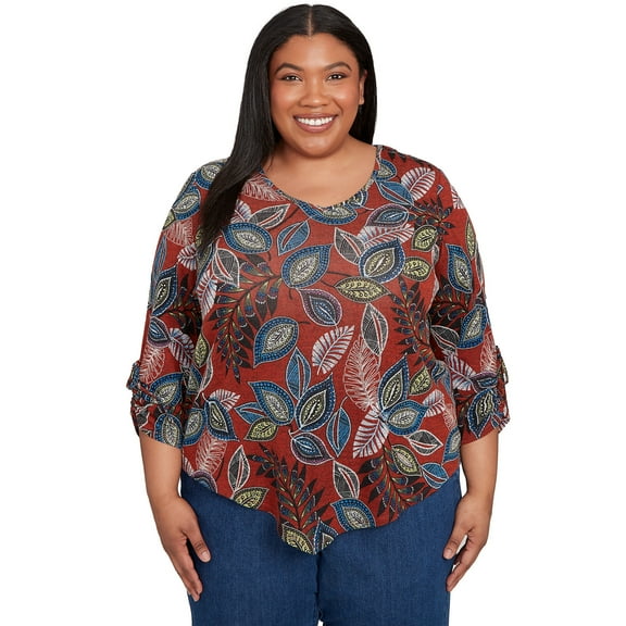 Alfred Dunner Womens Plus-Size Batik Leaves Melange Asymmetrical Top