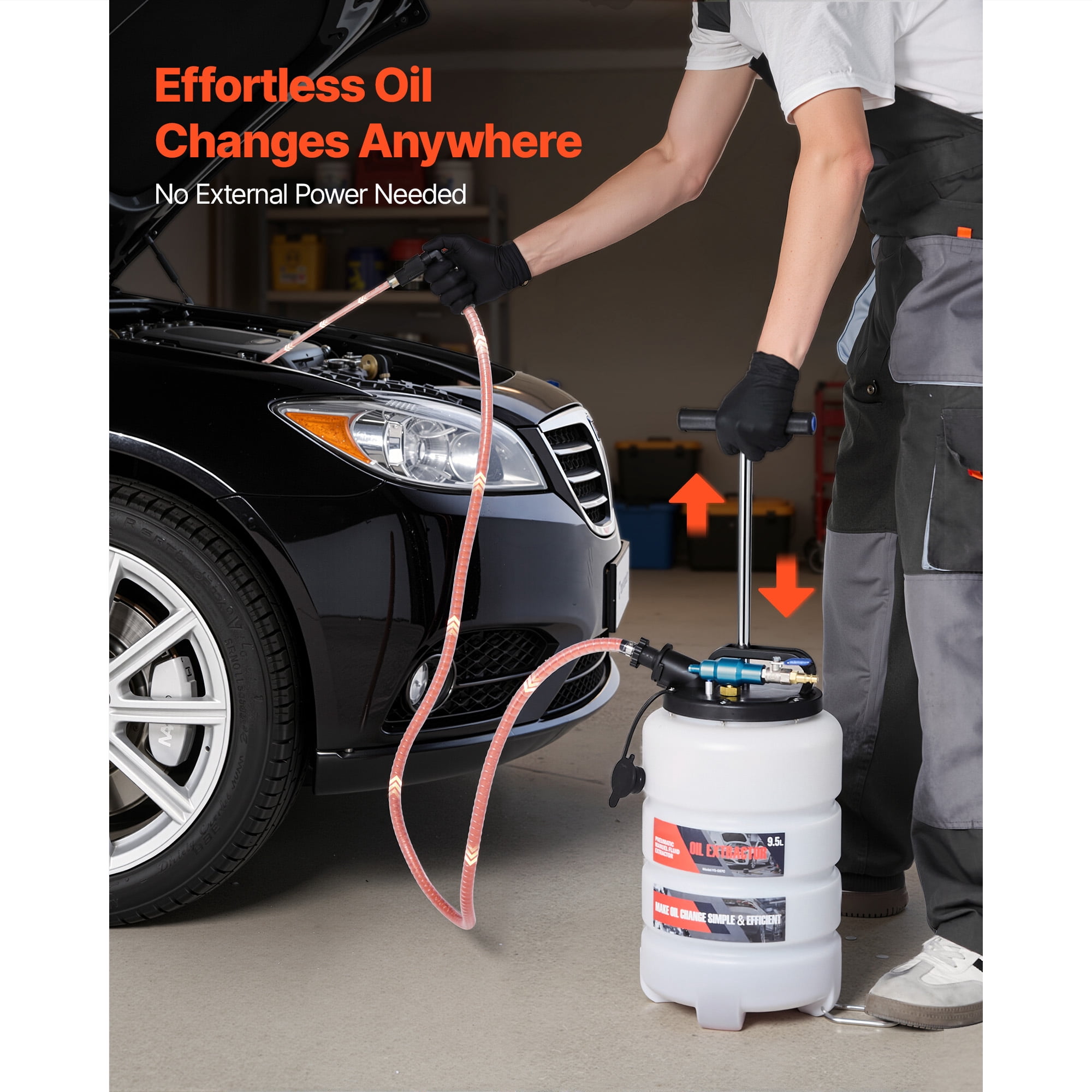 KFFKFF 9.5 L Fluid Extractor, Pneumatic and Manual Vacuum Oil Pump with 59 in Hose & Three 47 in Extension Tubes, Oil Change Tool with Durable PE Tank for Vehicles, Lawn Equipment, and Boats