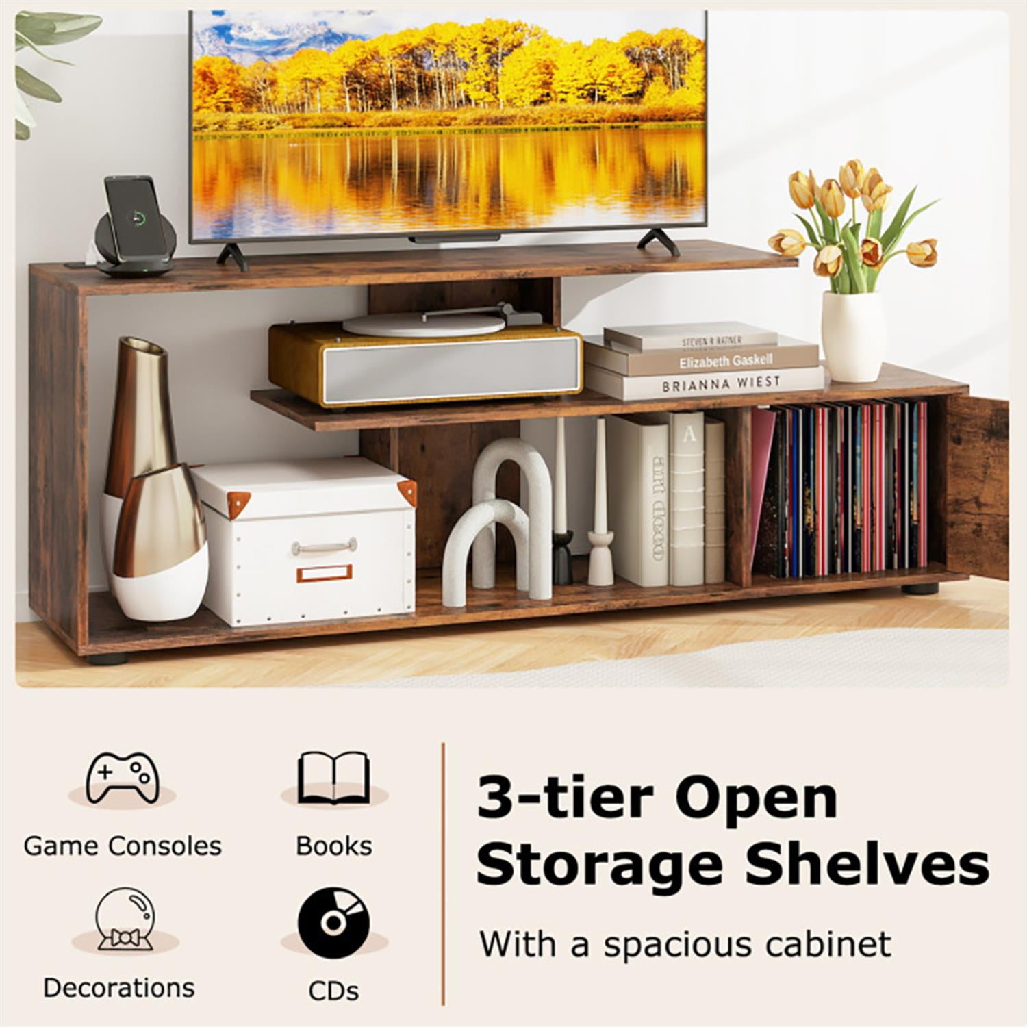 Demi Bonn TV Stand for 60" TVs, Entertainment Center with Power Outlet, Modern Media TV Console Table for Living Room Bedroom, Brown