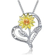 Valentine's Day Gift Birthday Gift S925 Sterling Silver You Are My Sunshine Sunflower Heart Pendant Necklace, Box Chain 18"