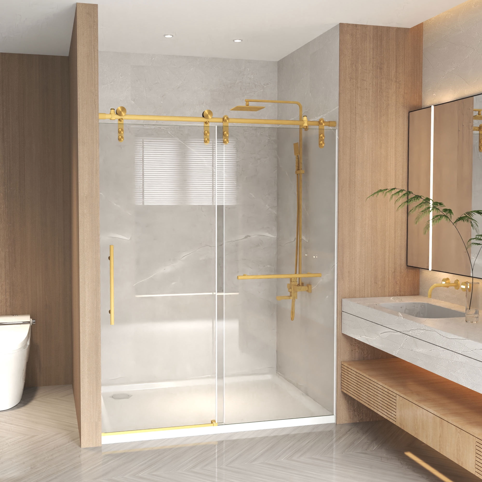 Leumius 56-60" x 76" H Frameless Sliding Shower Door, 5/16" Clear Tempered Glass,Stainless Steel Frame for Bathroom,Brushed Gold
