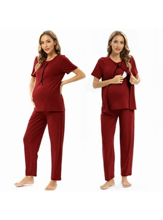 WBQ Maternity Nursing Pajama Sets Long Sleeve Breastfeeding Sleepwear Set  Double Layer Breastfeeding Top with Built-In Bra & Pants Pregnancy PJS,  S-3XL 