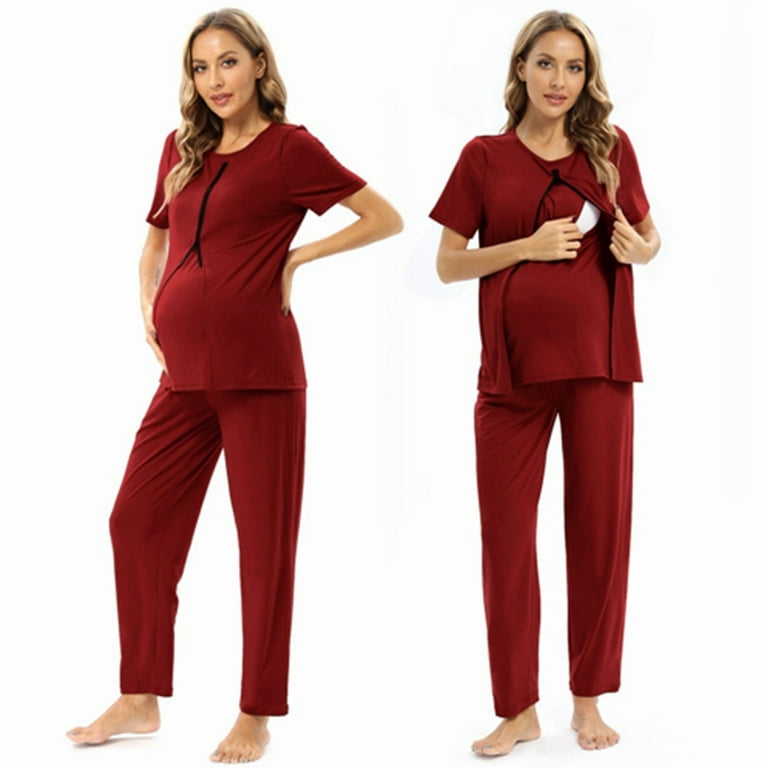Women's Maternity Nursing Pajama Set Breastfeeding Sleepwear Set Zipper  Short Sleeve Top & Pants Pregnancy PJS for Hospital, Red S-3XL