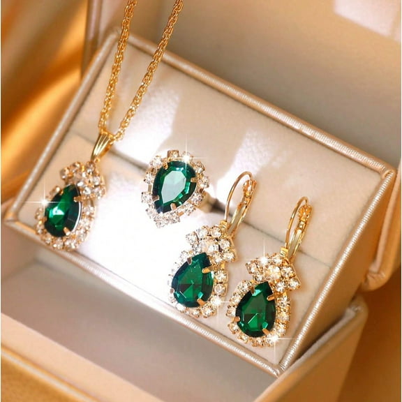 4Ct Pear Cut Simulated Green Emerald Women's Wedding Gift Mix Jewelry Set 14K Yellow Gold Plated 18"