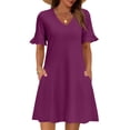 thumbnail image 2 of Summer Dresses for Women Ruffle Short Sleeve V Neck Casual Shift Dress with Pockets Purple S, 2 of 5