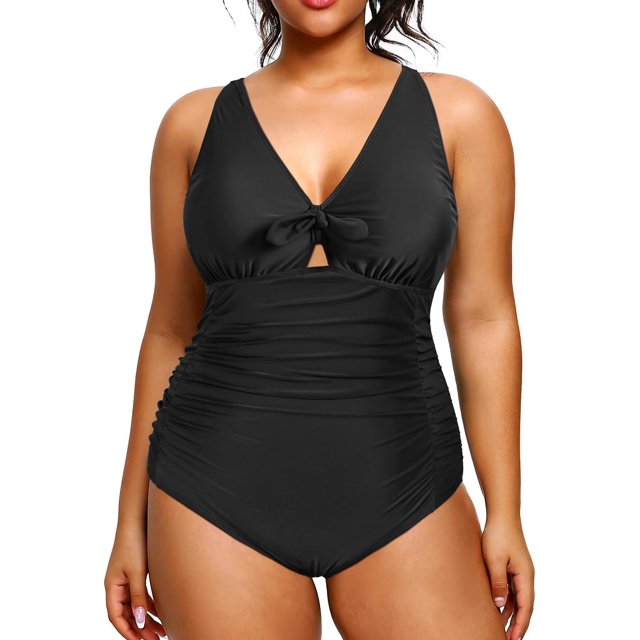 GHSDFBB Women Plus Size One Piece Swimsuits V Neck Tummy Control Bathing Suits Retro Ruched Swimwear